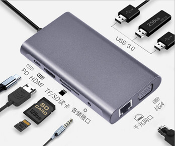 HUB DOCKING USB-C + CARGADOR 65W -  3XUSB 3.0/1XHDMI/1XVGA/1XPD/1XTF/SD/1XMIC 3.5MM/1XRJ45