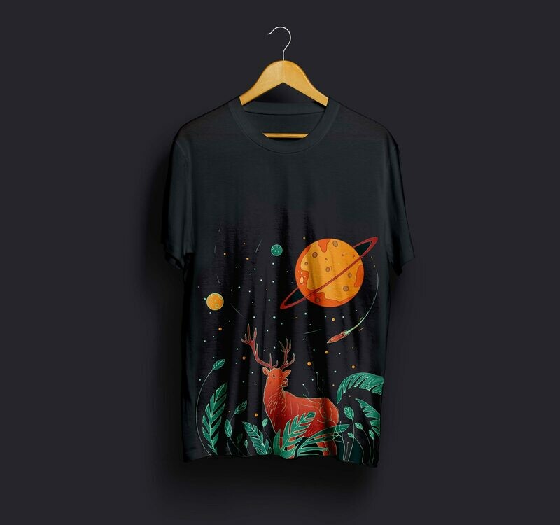 Black Boxy Dear Graphic Fit Printed Round Neck Longline T-shirt