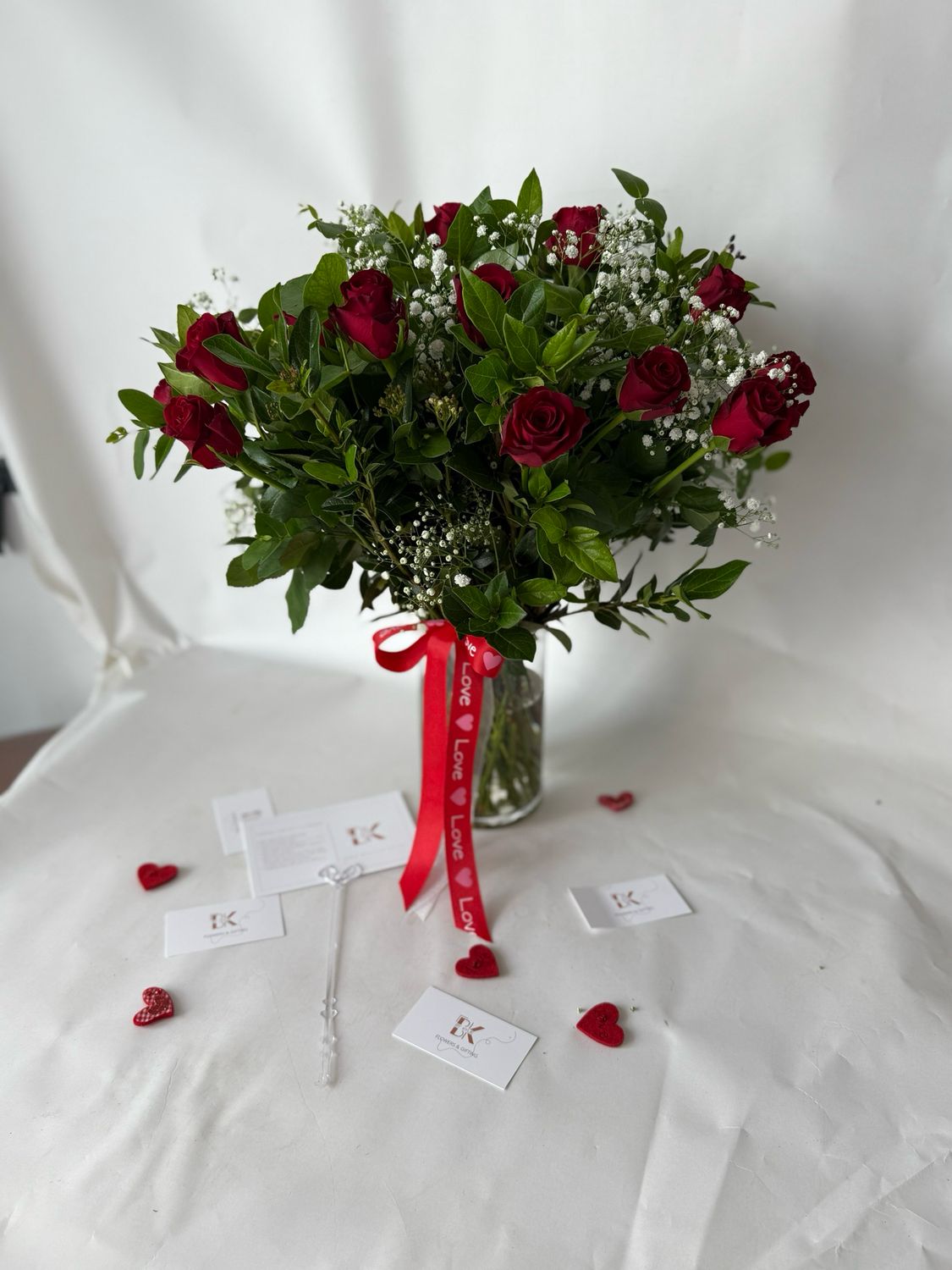 20 Red Roses With Babies Breath And Greenery In A Vase 20 Red Roses With Babies Breath And Greenery In A Vase