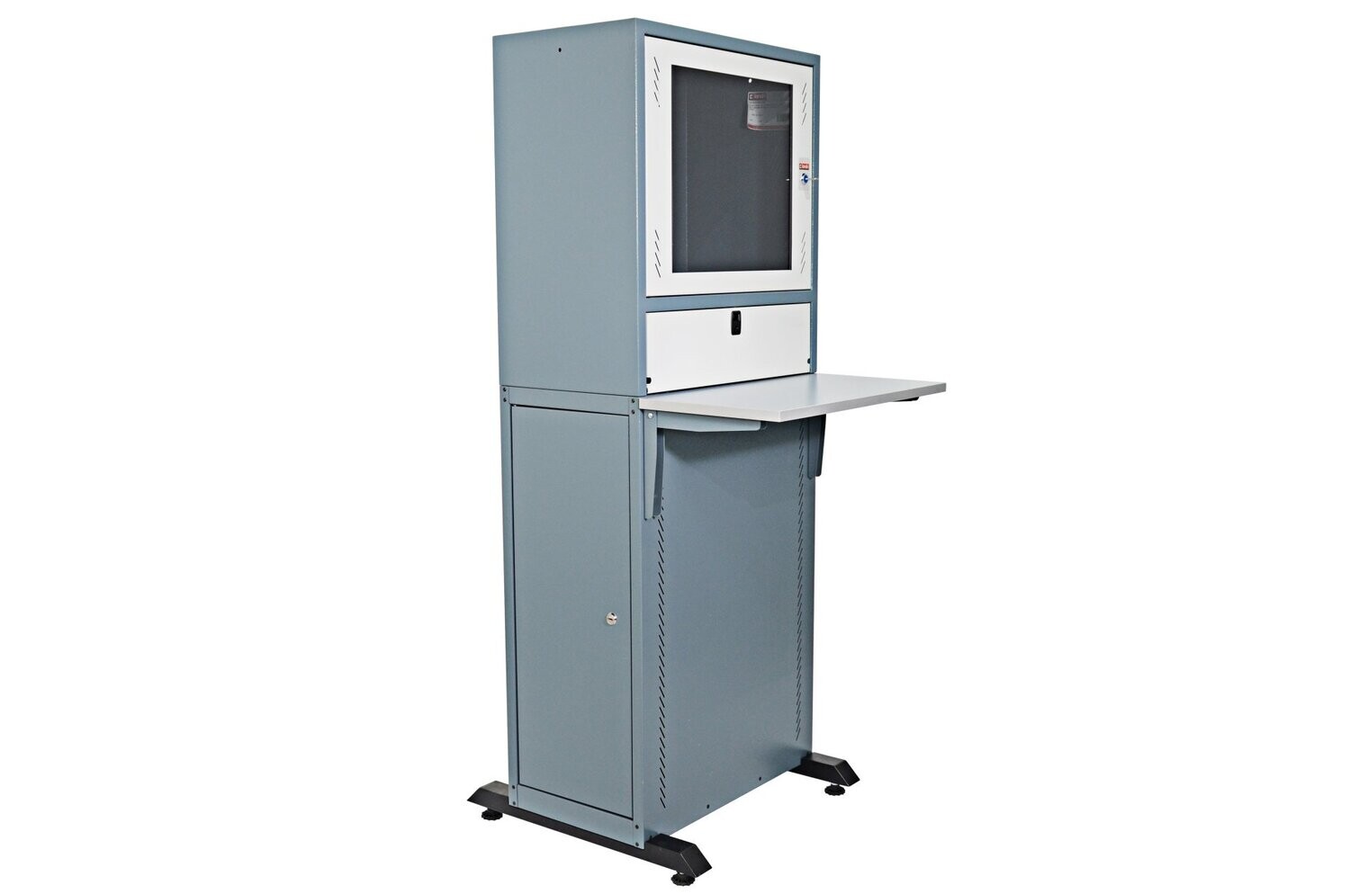 ARMOIRE ELEVIT (STATION DE TRAVAIL) 1600 19" SUR PIED - VITREE - MONTE - 600X600X1600 - DIVISEE EN 3 COMPARTIMENTS - TABLE AVANT PLIANTE - MAX 200KG - BLEU - LANDE