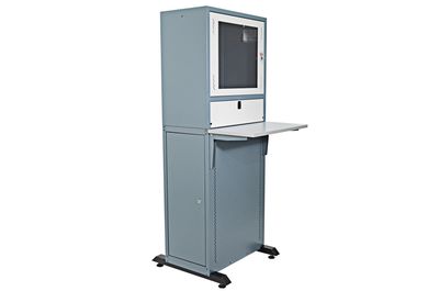 ARMOIRE ELEVIT (STATION DE TRAVAIL) 1600 19" SUR PIED - VITREE - MONTE - 600X600X1600 - DIVISEE EN 3 COMPARTIMENTS - TABLE AVANT PLIANTE - MAX 200KG - BLEU - LANDE