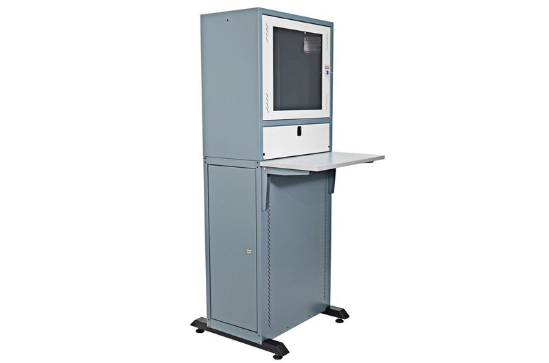 ARMOIRE ELEVIT (STATION DE TRAVAIL) 1600 19 ARMOIRE ELEVIT (STATION DE TRAVAIL) 1600 19" SUR PIED - VITREE - MONTE - 600X600X1600 - DIVISEE EN 3 COMPARTIMENTS - TABLE AVANT PLIANTE - MAX 200KG - BLEU - LANDE