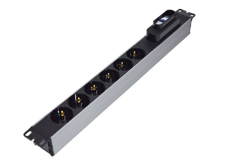 [LA08PR06S01U19-B-AL] BANDEAU D'ALIMENTATION HORIZONTAL 1U DE 6 PRISES SCHUKO F AVEC DISJONCTEUR - ALUMINIUM - CABLE 2.5M - NOIR - LANDE