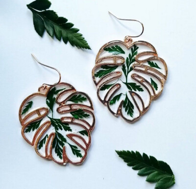 Rose Gold Fern Green Leaf Earrings