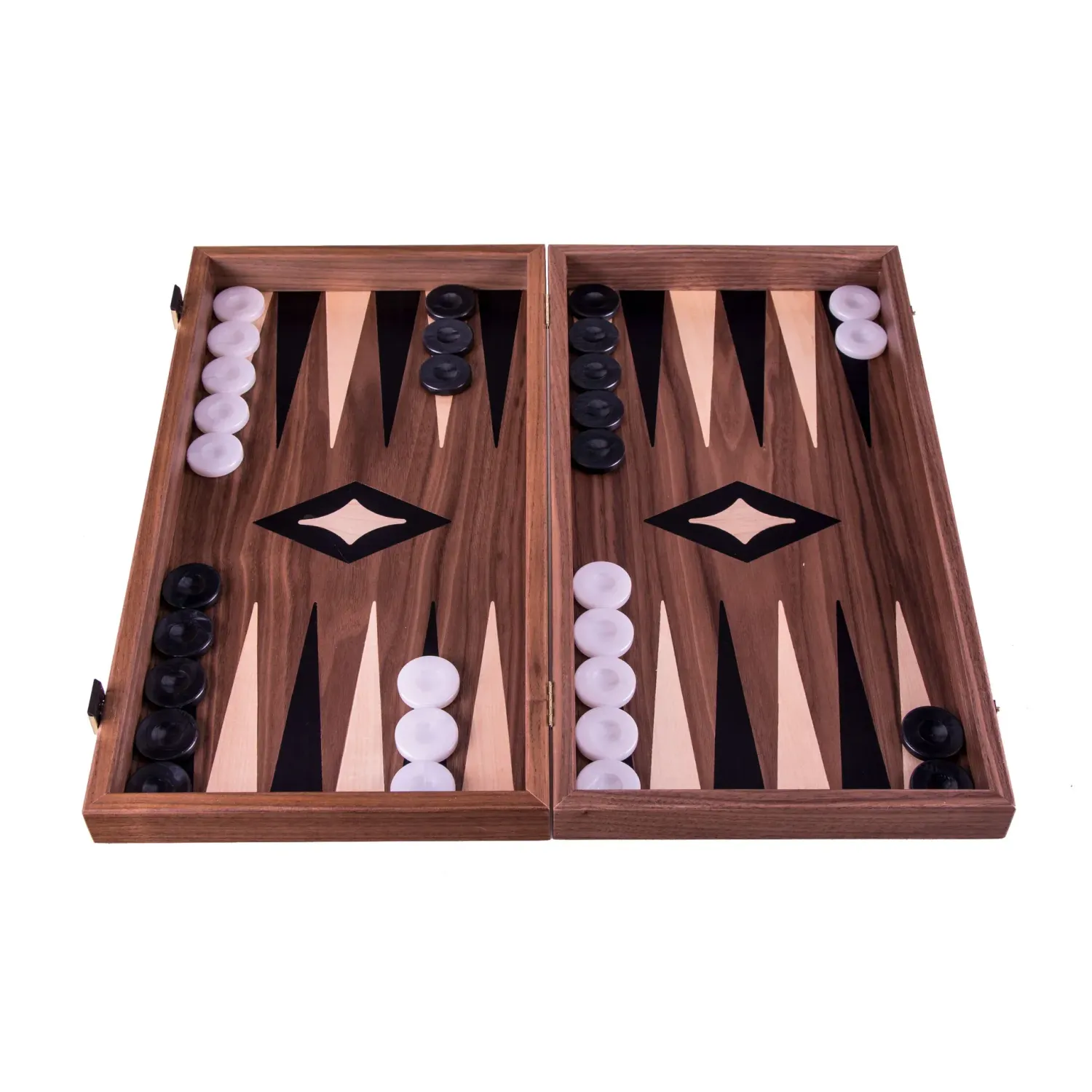 TricTrac-Puff-Backgammon-Set handgefertigt aus amerikanischem Walnussholz – elegantes Intarsien-Design