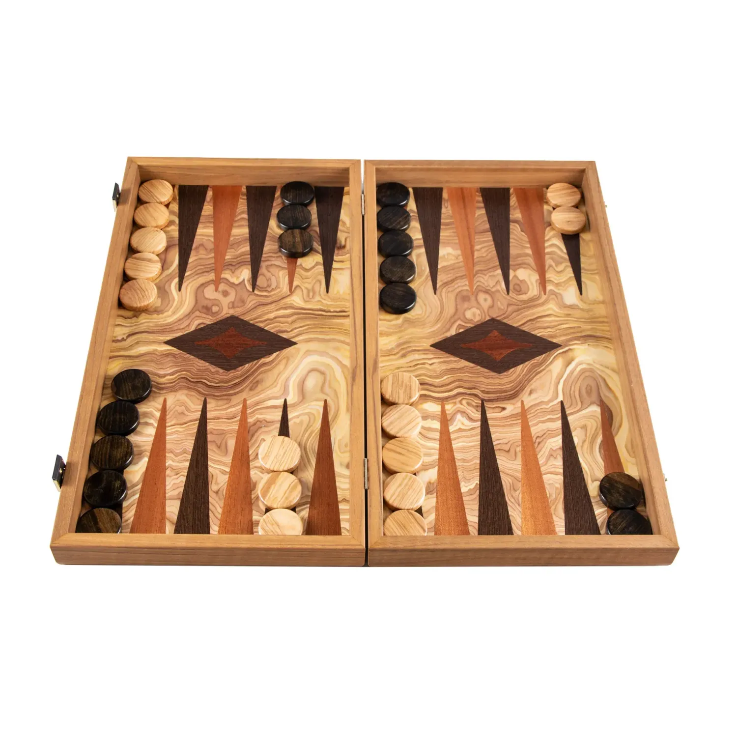 TricTrac-Puff-Backgammon-Set handgefertigt aus Olivenholz mit Steinen aus Olivenholz – elegantes Intarsien-Design