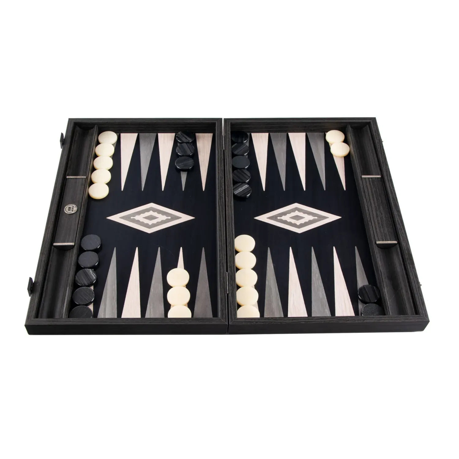 TricTrac-Puff-Backgammon-Set handgefertigt aus Pearly Grey Vavona – elegantes Intarsien-Design
