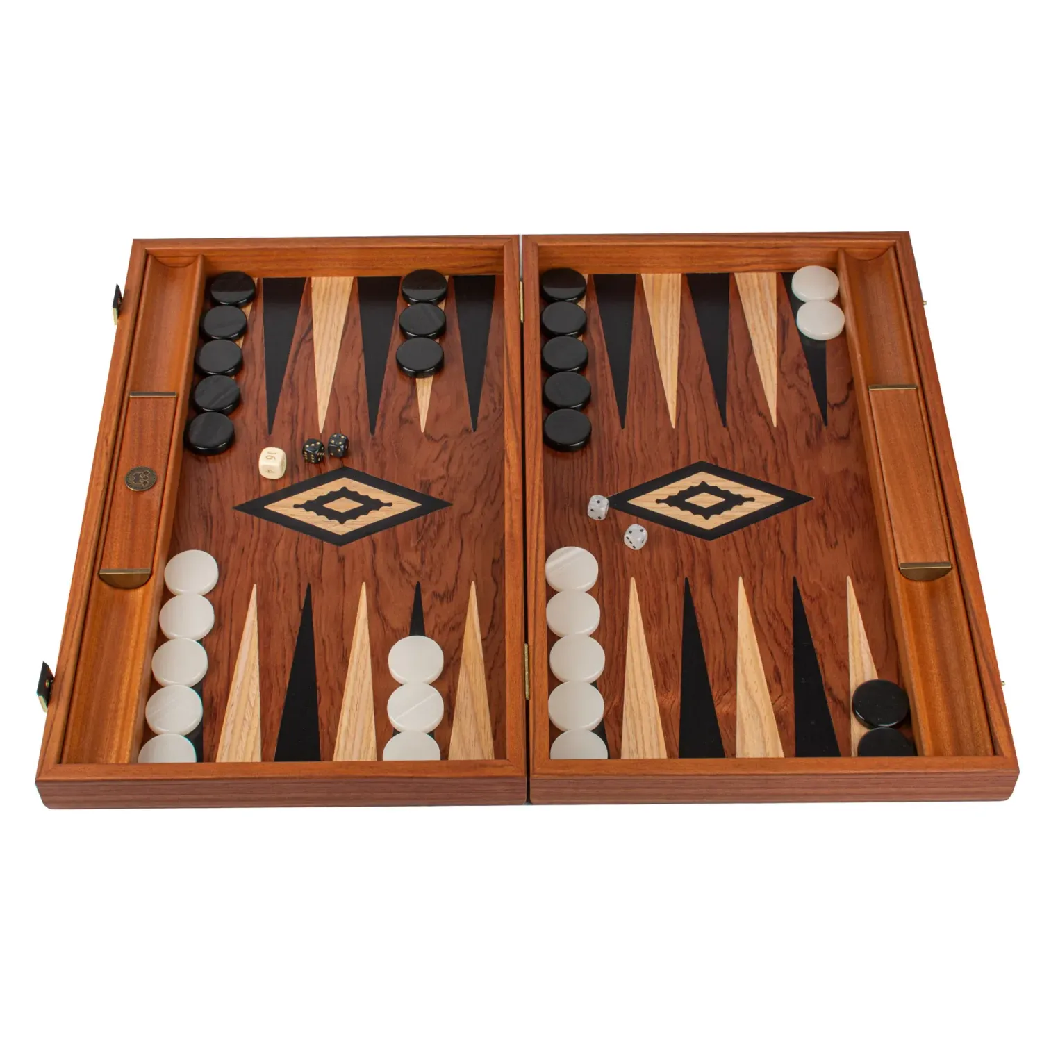 TricTrac-Puff-Backgammon-Set handgefertigt aus kalifornischem Walnussholz – elegantes Intarsien-Design