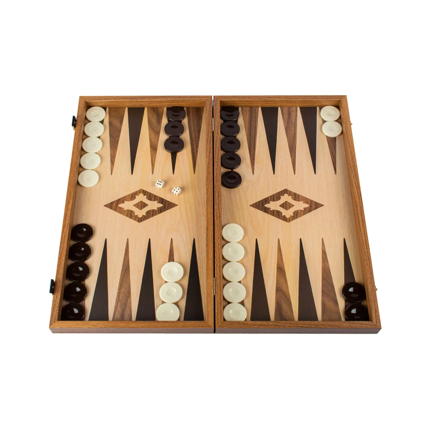 TricTrac-Puff-Backgammon-Set handgefertigt aus aus Eiche und Walnuss Nachbildung – elegantes Intarsien-Design