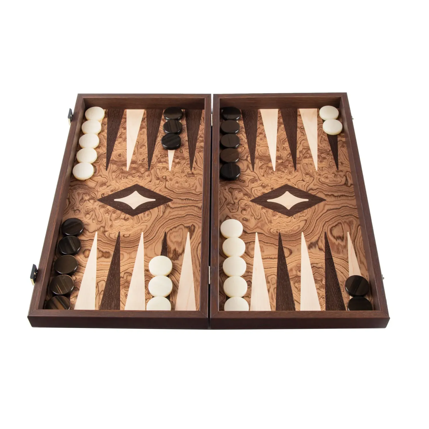 TricTrac-Puff-Backgammon-Set handgefertigt aus Walnussholz – elegantes Intarsien-Design