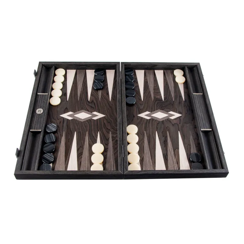 TricTrac-Puff-Backgammon-Set handgefertigt aus Ebenholz-Wurzelholz – elegantes Intarsien-Design