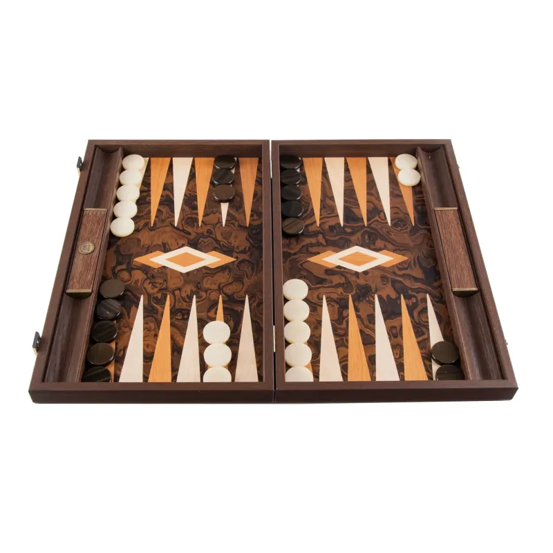 TricTrac-Puff-Backgammon-Set handgefertigt aus kalifornischem Walnussholz – elegantes Intarsien-Design