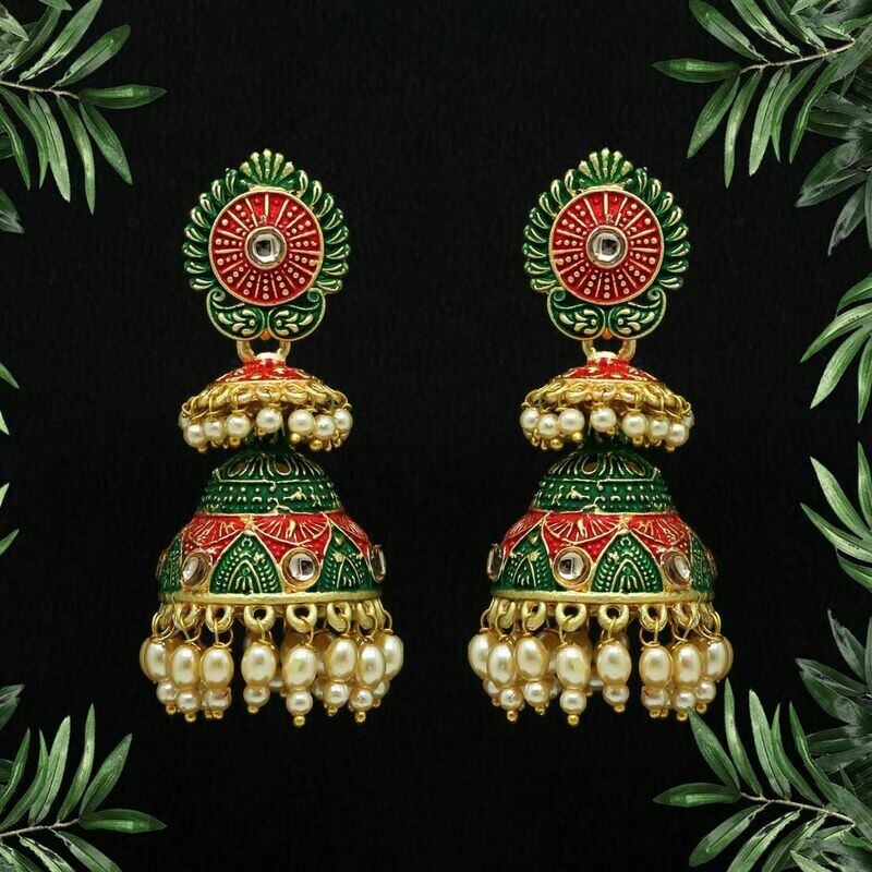 Maroon &amp; Green Color Glass Stone Mint Meena Earrings