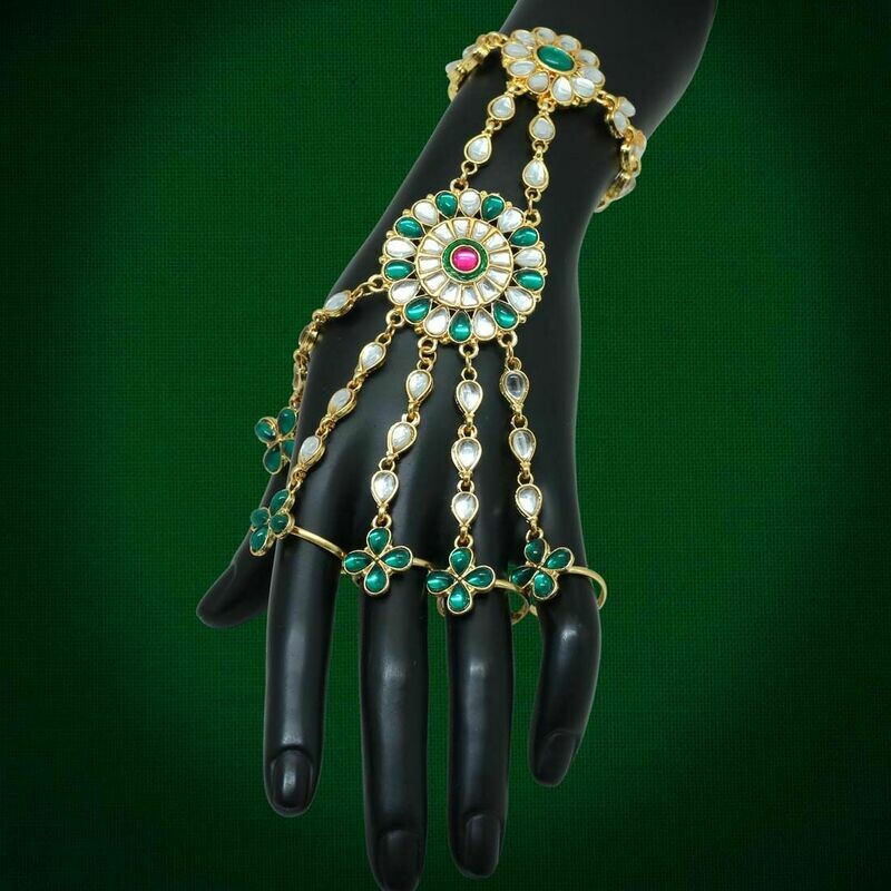 Green Color Glass Stone Hathphool Bracelet
