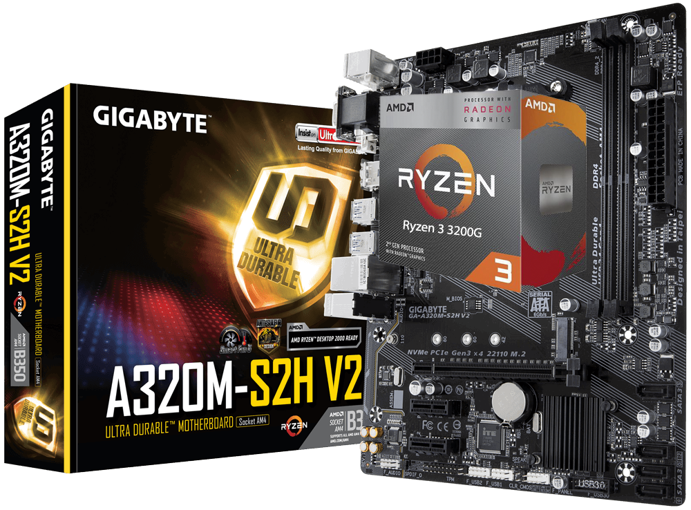 AMD RYZEN 3 3200G 4-Core 3.6 GHz (4.0 GHz Max Boost) + GIGABYTE GA-A320M-S2H V2 Motherboard Bundle