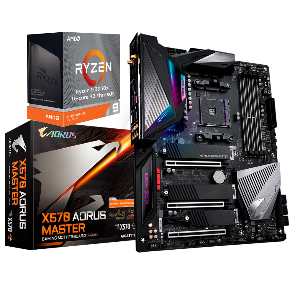 AMD RYZEN 9 3950X 16-Core/32-Threads 3.5 GHz (4.5 GHz Max Boost) AM4 105W + AORUS X570 AORUS MASTER Motherboard Bundle