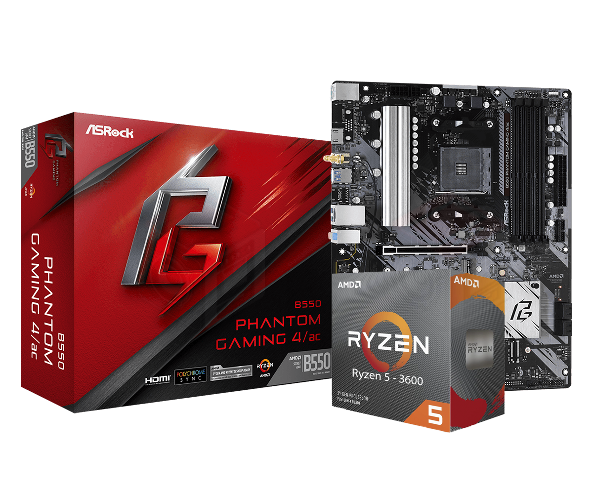 AMD RYZEN 5 3600 6-Core 3.6 GHz (4.2 GHz Max Boost) + ASRock B550 Phantom Gaming 4/AC Motherboard Bundle