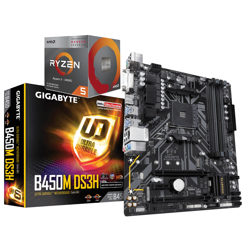 AMD RYZEN 5 3400G 4-Core 3.7 GHz (4.2 GHz Max Boost) + Gigabyte B450M