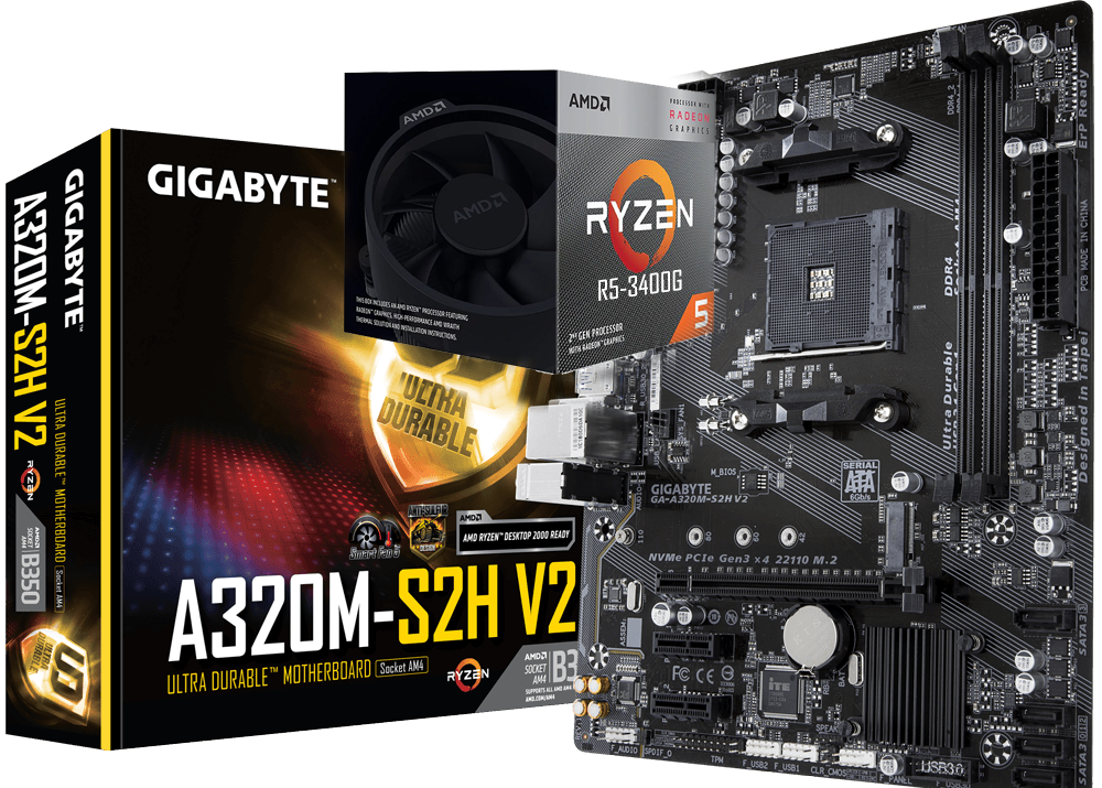 AMD RYZEN 5 3400G 4-Core 3.7 GHz (4.2 GHz Max Boost) + GIGABYTE GA-A320M-S2H V2 Motherboard Bundle