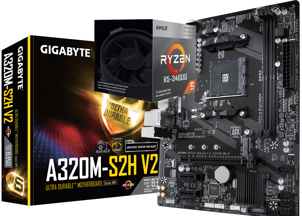 AMD RYZEN 5 3400G 4 Core 3.7 GHz 4.2 GHz Max Boost GIGABYTE GA A320M S2H V2 Motherboard Bundle