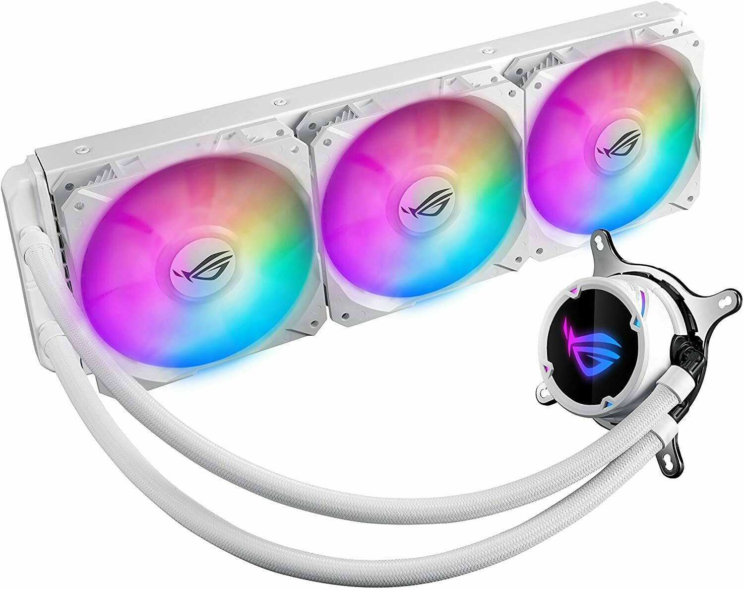 Asus ROG Strix LC 360 All-in-one White Liquid CPU Cooler with Aura Sync, Triple White ROG 120mm addressable RGB Radiator Fans and Reinforced Sleeved tubing