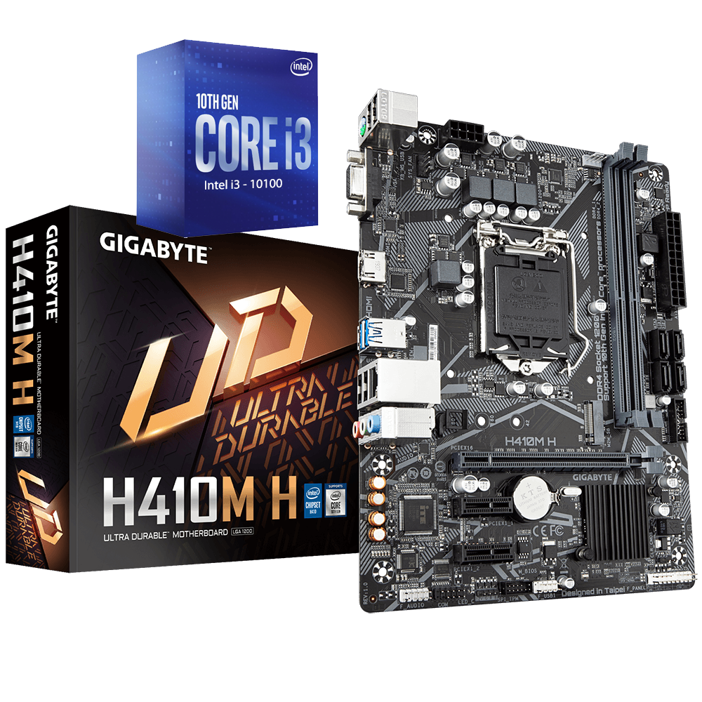 Intel Core i3-10100 Comet Lake Quad-Core 3.6 GHz (4.30 GHz Turbo) + Gigabyte GA-H410M-H Gaming Motherboard Bundle