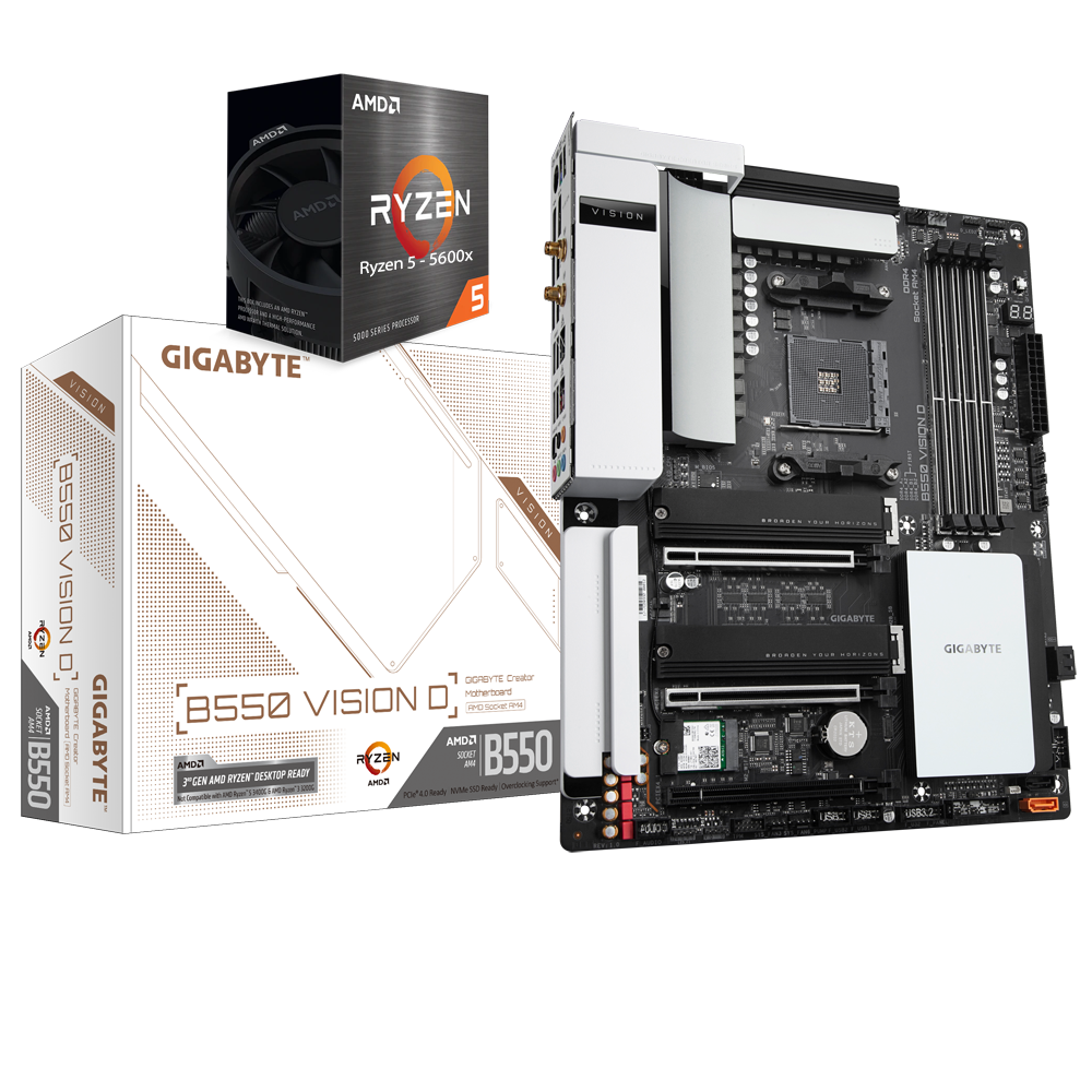 AMD RYZEN 5 5600X 6-Core 3.7 GHz (4.6 GHz Max Boost) + GIGABYTE B550 VISION D Motherboard Bundle