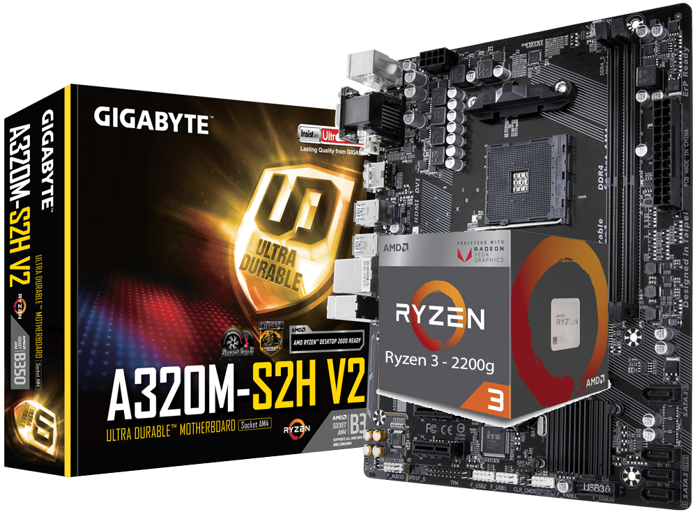 AMD RYZEN 3 2200G 4-Core 3.5 GHz (3.7 GHz Max Boost) + GIGABYTE GA-A320M-S2H V2 Motherboard Bundle