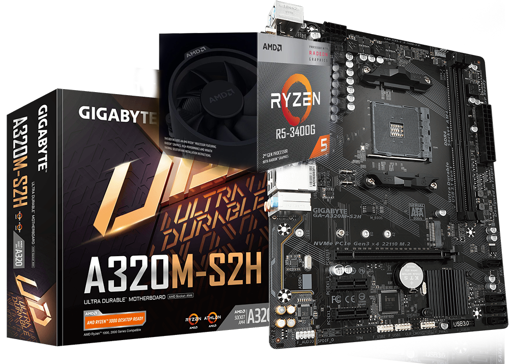 AMD RYZEN 5 3400G 4-Core 3.7 GHz (4.2 GHz Max Boost) + GIGABYTE GA-A320M-S2H Motherboard Bundle