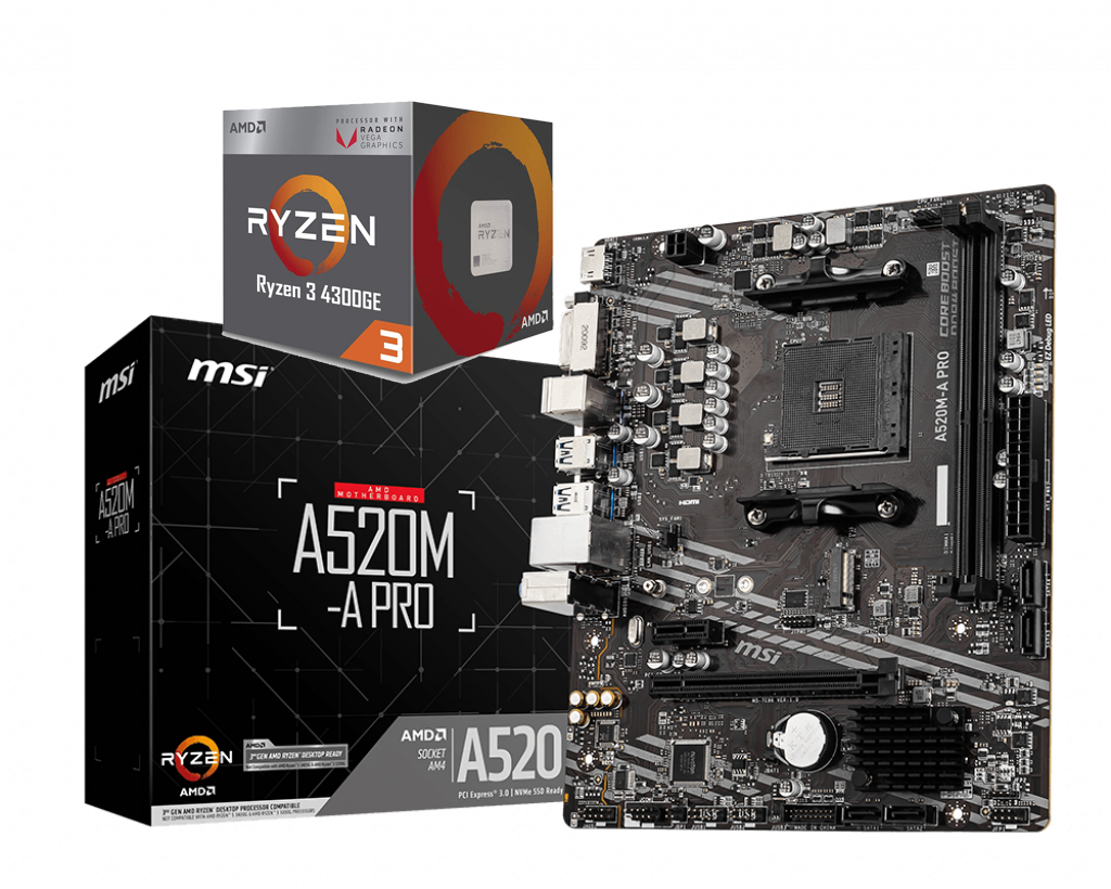 AMD Ryzen 3 4300GE 4-Core/8-Threads 3.5 GHz (4.0 GHz Max Boost) + MSI A520M-A PRO Motherboard Bundle