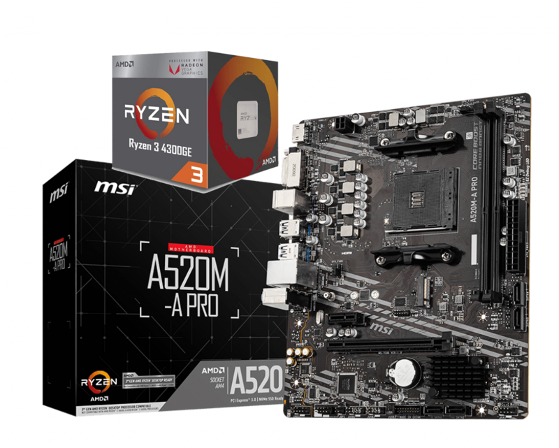 AMD Ryzen 3 4300GE 4-Core/8-Threads 3.5 GHz (4.0 GHz Max Boost) + MSI A520M-A PRO Motherboard Bundle