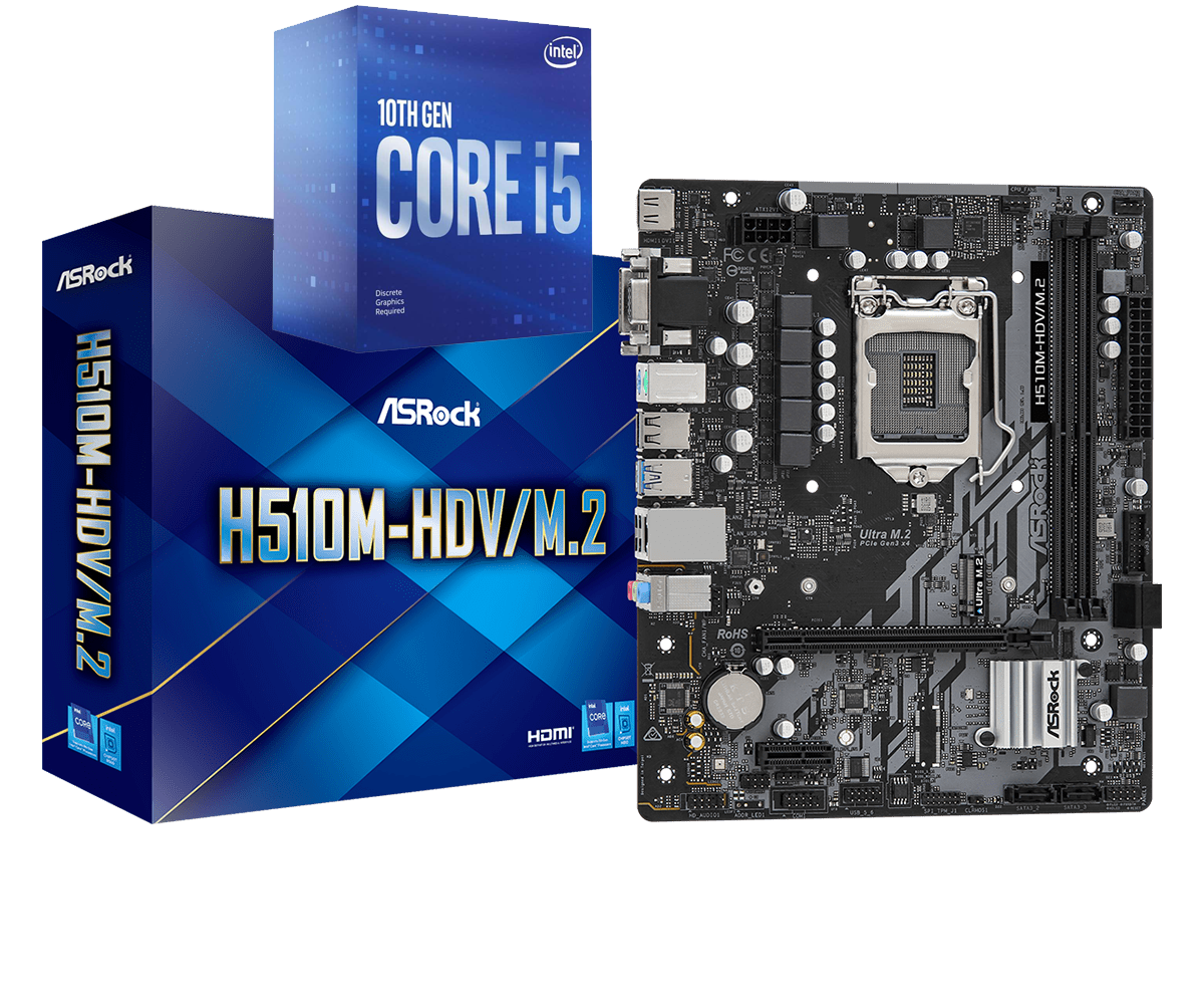 Intel Core i5-10400 Comet Lake Quad-Core 2.9 GHz (4.30 GHz Turbo) + ASROCK H510M-HDV/M.2 Gaming Motherboard Bundle