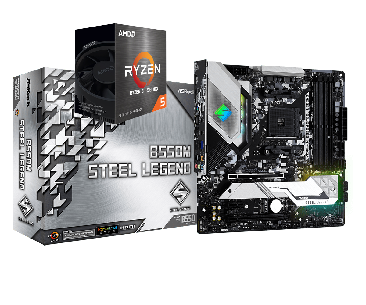 AMD RYZEN 5 5600X 6-Core 3.7 GHz (4.6 GHz Max Boost) + ASROCK B550M STEEL LEGEND Gaming Motherboard Bundle
