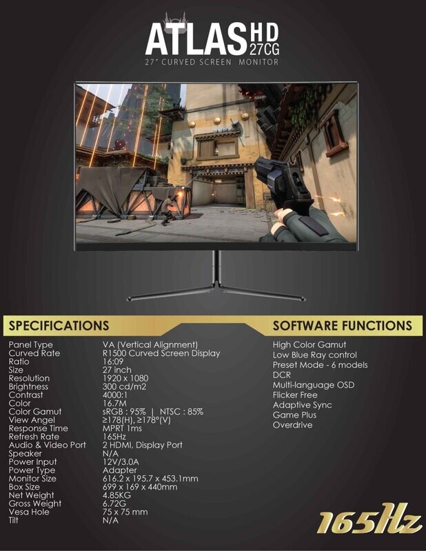 GAMDIAS ATLAS HD27CG 27&quot; CURVED 165HZ VA Curved 1080P FHD LED Gaming Monitor