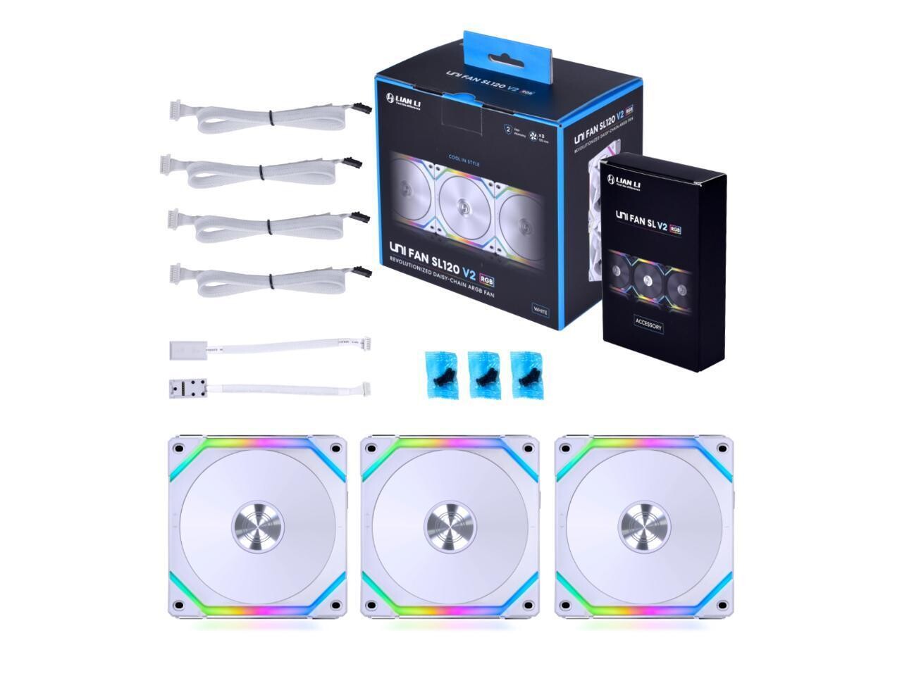 Lian Li UNI Fan SL120 V2 3 Pack with Controller (ARGB 120mm LED PWM Daisy-Chain), Color: White