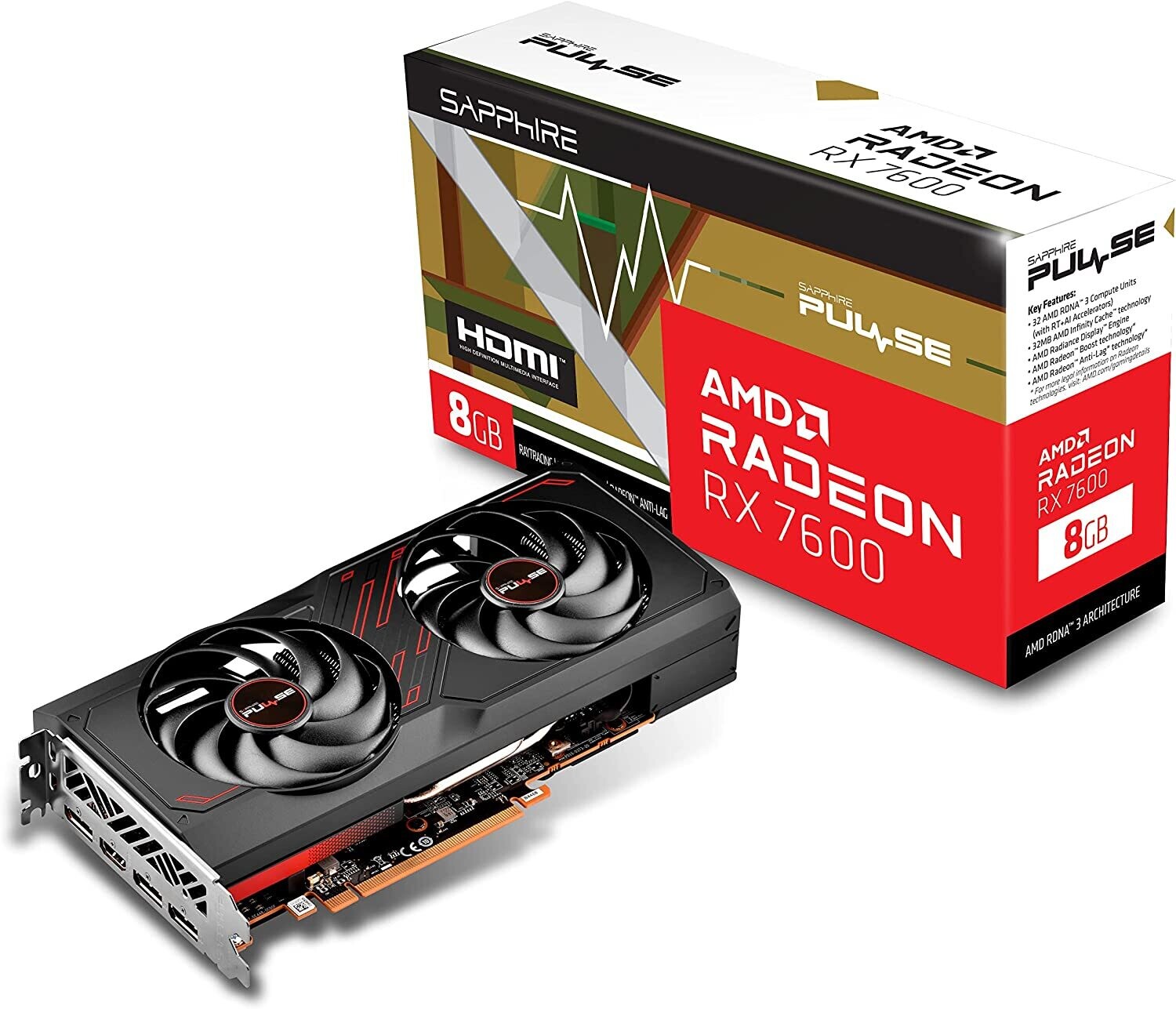 Sapphire  Pulse AMD Radeon RX 7600 OC Gaming Graphics Card with 8GB GDDR6, AMD RDNA 3