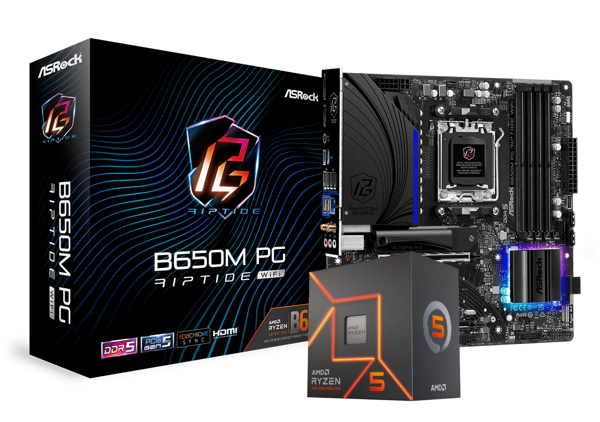 AMD RYZEN 5 7500F 6-Core 3.7 GHz (5 GHz Max Boost) + Asrock B650M PG Riptide WIFI DDR5 Motherboard