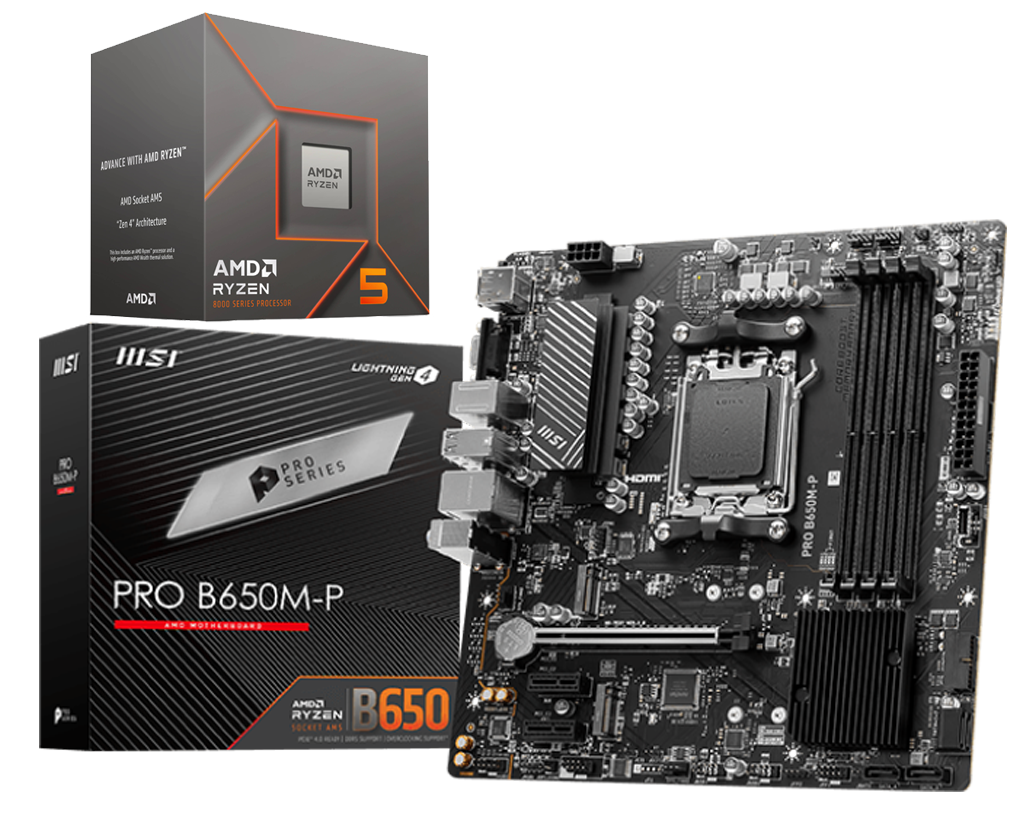 AMD RYZEN 5 8400F 6-core, 12-Threads 4.2 GHz (4.7 GHz Max Boost) + MSI PRO B650M-P DDR5 Motherboard Bundle