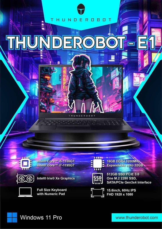THUNDEROBOT E1 - i5 LAPTOP | i5-1155G7 | 16GB DDR4 | 512GB SSD | 15.6inch IPS 1080P | Intel® Iris® Xe Graphics | WINDOWS 11 PRO