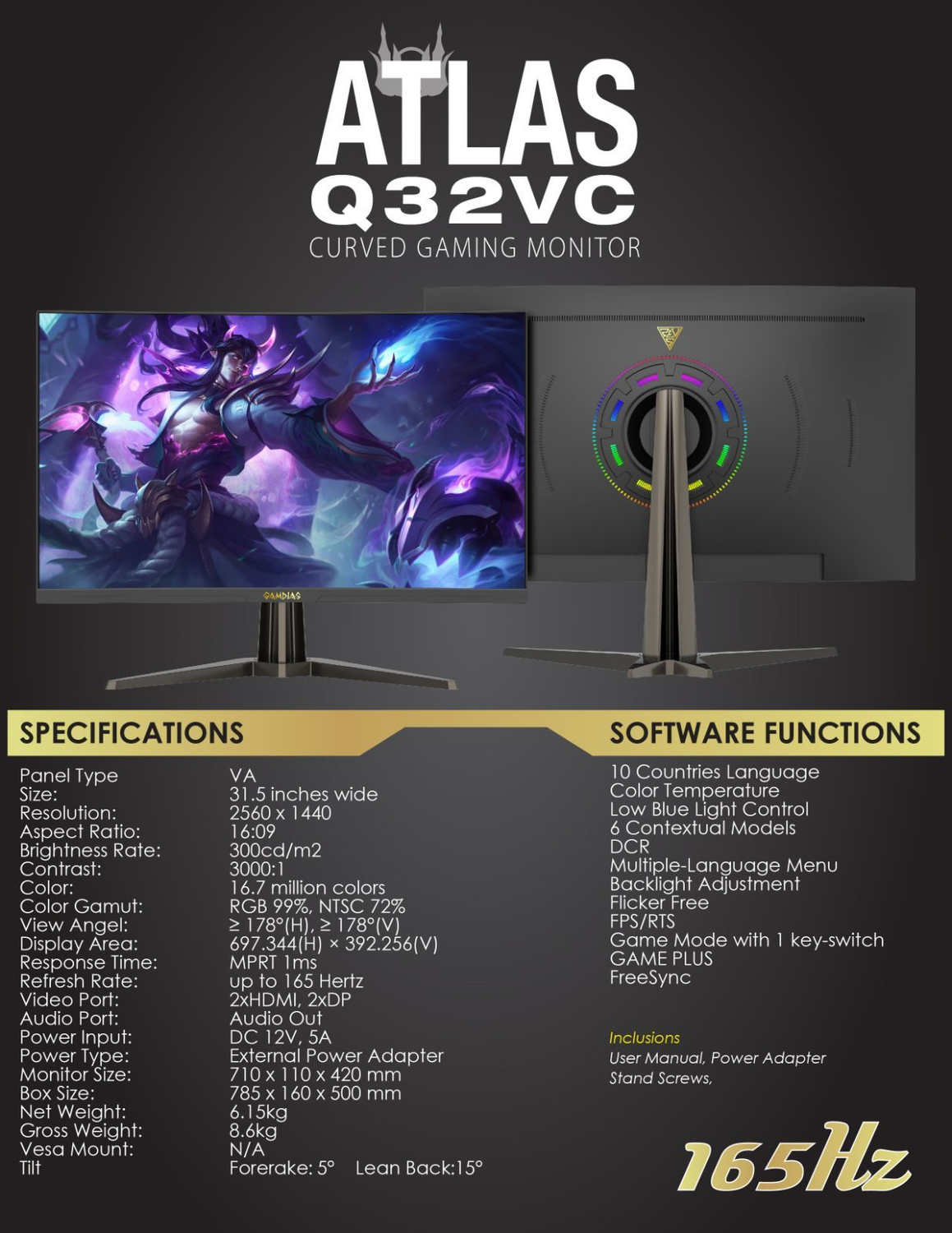 Gamdias Atlas Q32VC 32″ 165Hz VA Curved 1440P 1ms (DP/HDMI)