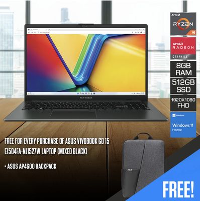 Asus Vivobook Go 15 Laptop (Mixed Black) | 15.6&quot; FHD (1920x1080) | Ryzen 3 7320U | 8GB RAM | 512GB SSD | AMD Radeon Graphics | Windows 11 Home + Asus AP4600 Backpack