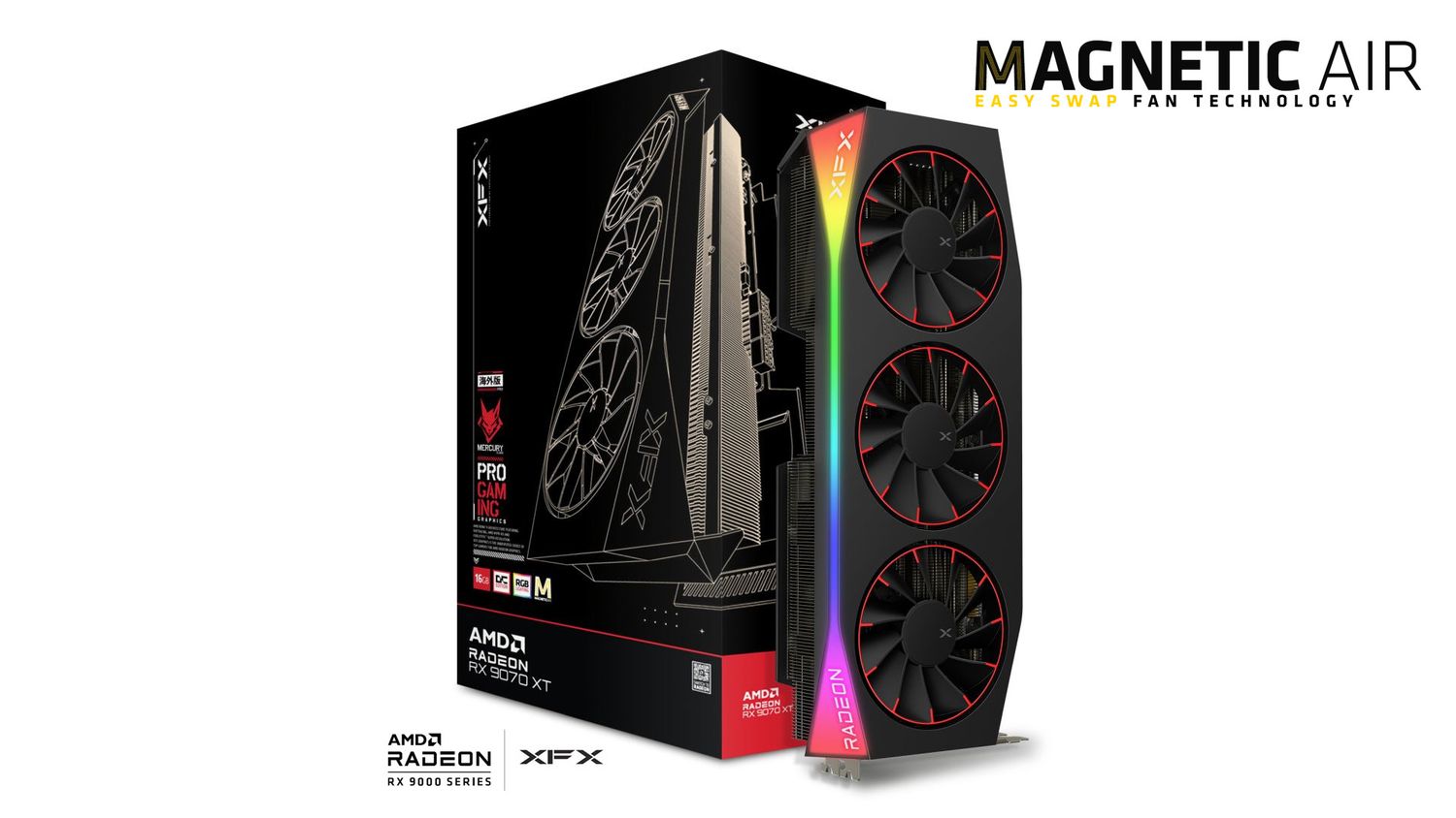XFX Mercury AMD Radeon RX 9070XT OC Black Magnetic Air Edition with RGB 16GB GDDR6 256-BIT Video Card