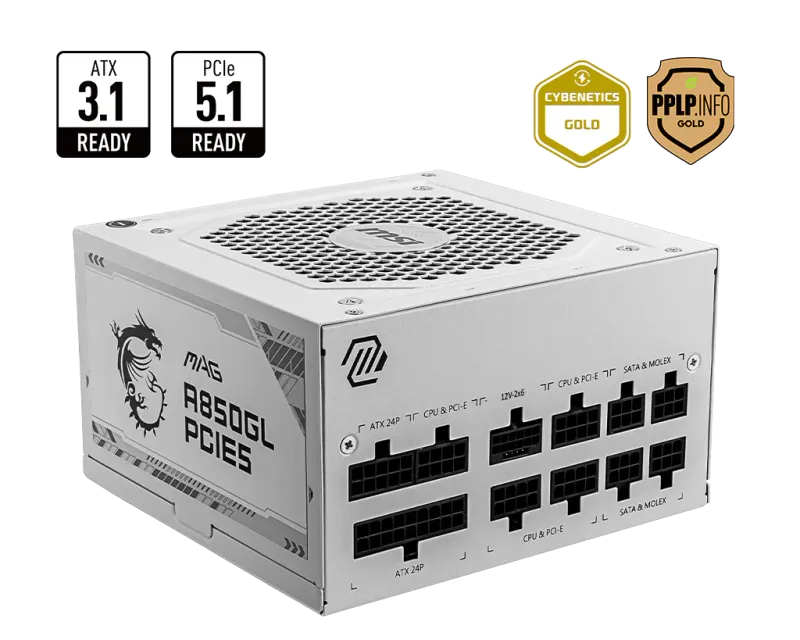 MSI MAG A850GL PCIE5 80PLUS GOLD Full Modular ATX ATX 3.1 PCIe Gen 5.1 WHITE POWER SUPPLY