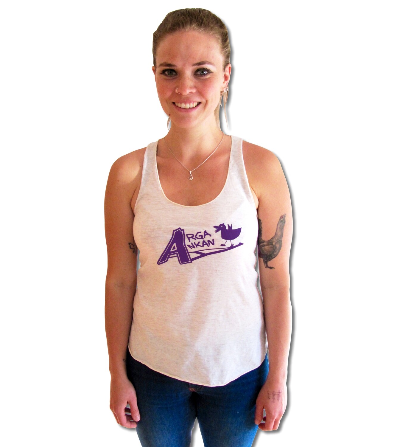 Angry Duck Racerback Oat / White With Purple Logo Tank Top