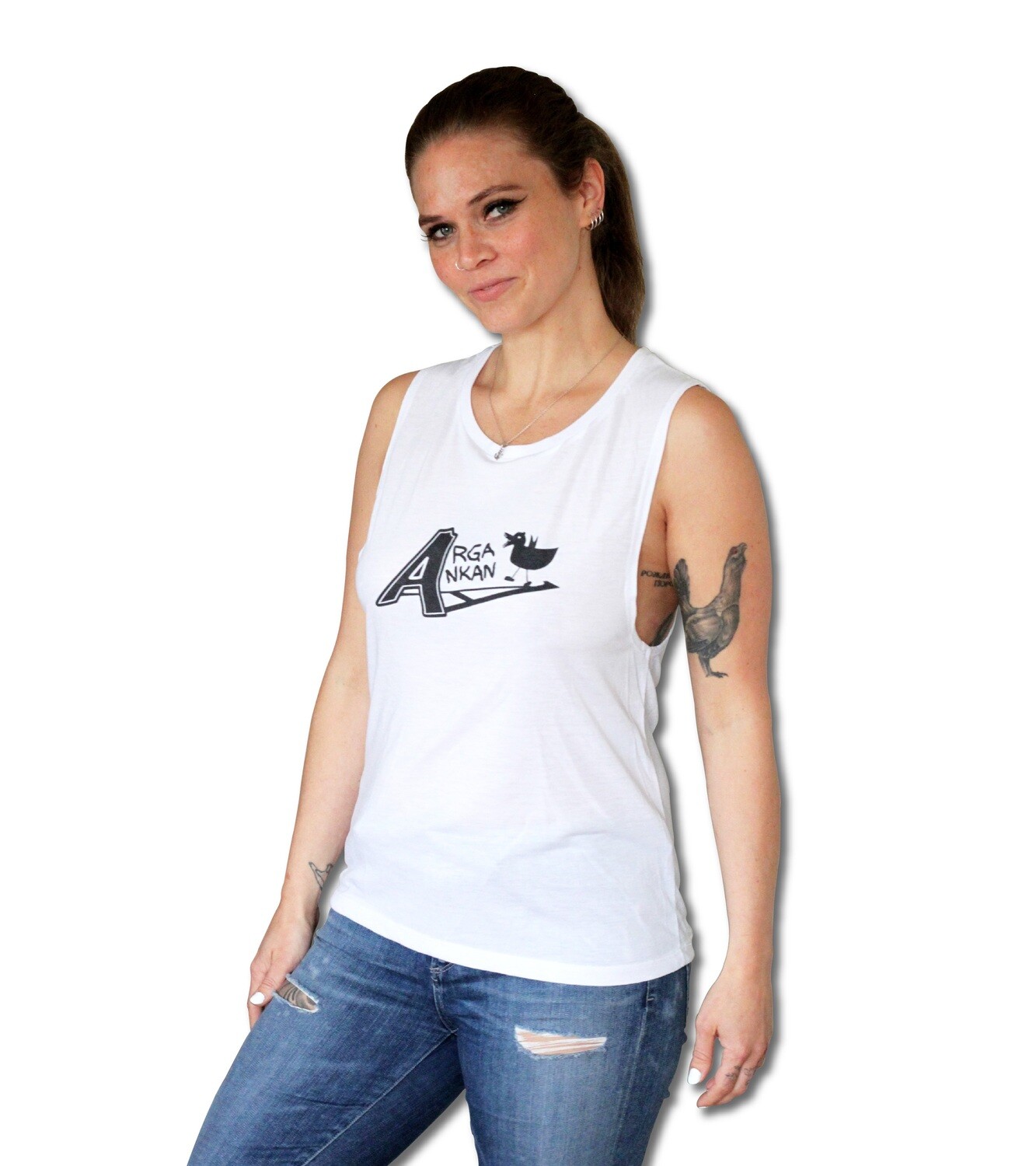 Angry Duck White With Black Logo Drop Top Muscle Tee