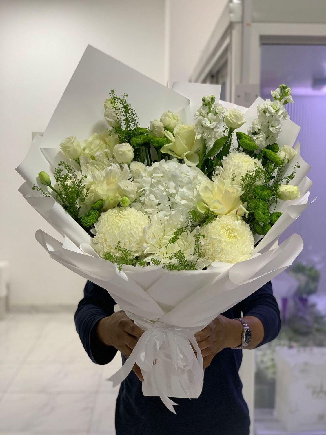 Colorful blooms in white wrap
