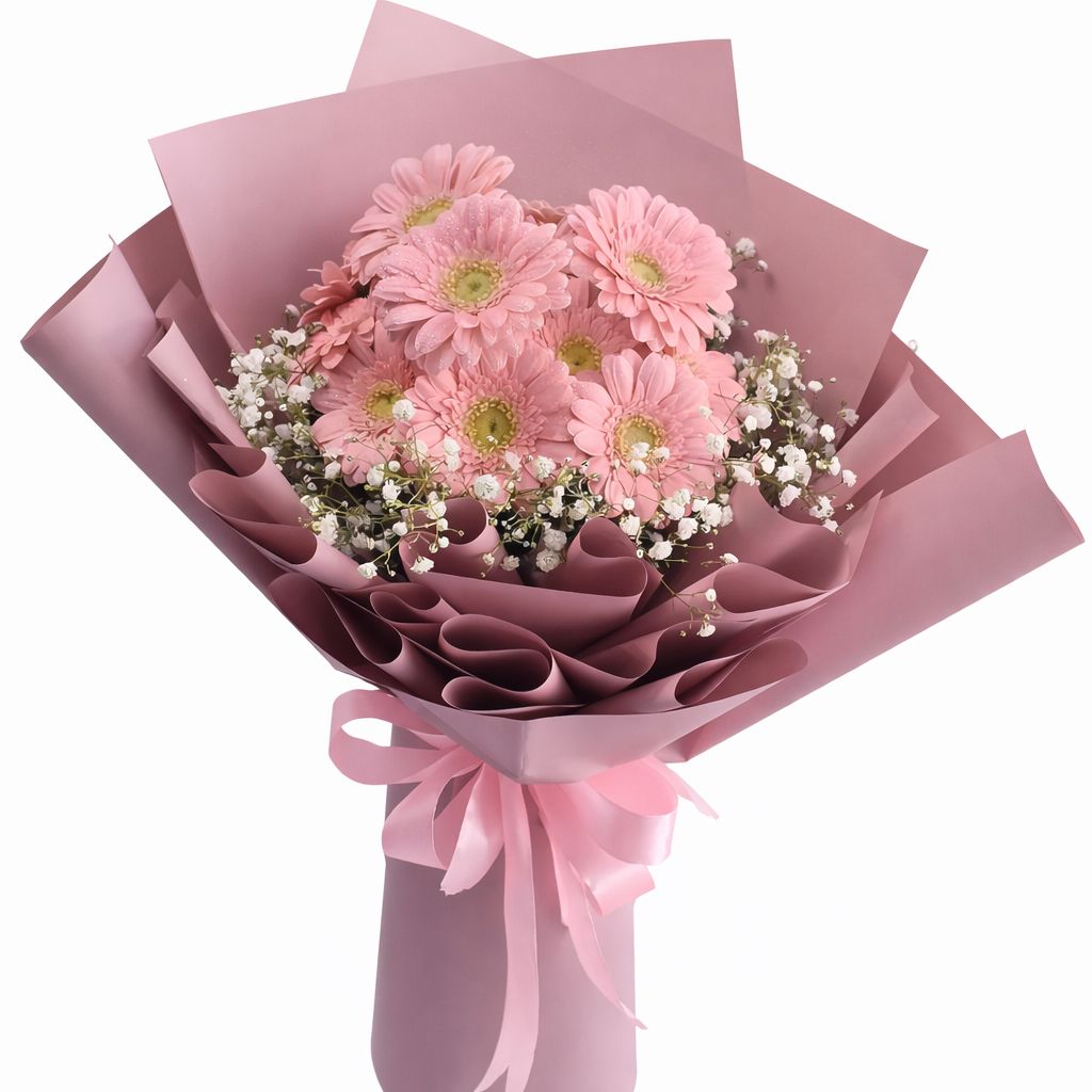 Gerabara bouquet with pink wrapper