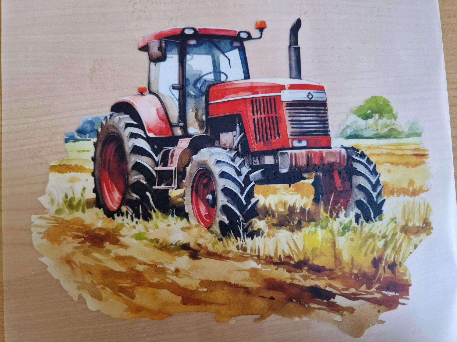 Bügelbild Traktor rot mit Baum 22cm hoch x 18cm breit 