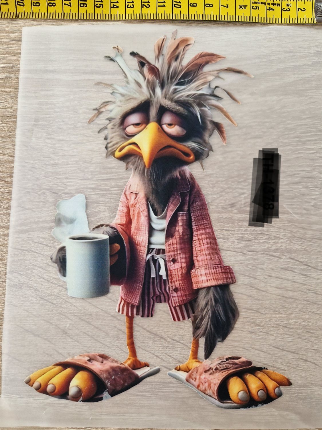 Bügelbild Huhn mit Tasse 23cm hoch x16cm breit 