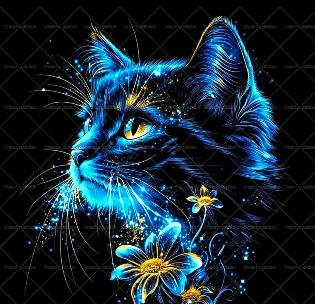 Bügelbild Katze neon blau 22cm hoch 